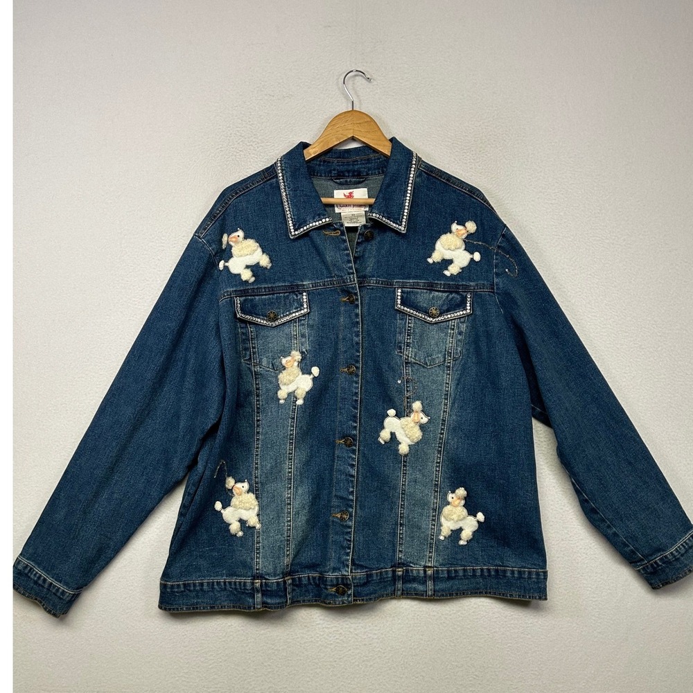Retro Kitschy Quacker Factory Womens 2X Blue Poodle Applique Denim Jacket Unique